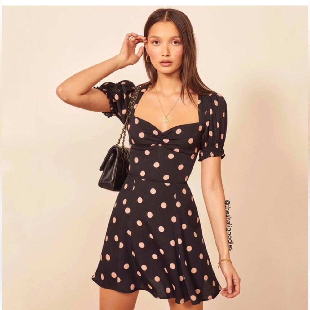 Reformation Drea Black and Pink Polka Dot Mini Dress sz 0
